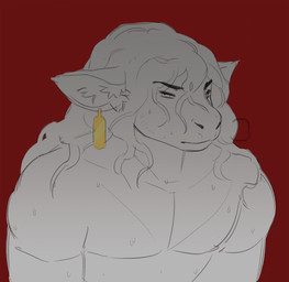 anthro bodily_fluids breathing curly_hair ear_piercing ear_tag front_view hair inner_ear_fluff male male_anthro mouth_closed muscular muscular_anthro muscular_male narrowed_eyes pecs piercing pivoted_ears red_background simple_background solo sweat sweaty_body tuft runewoof bull_(giegues) bovid bovine cattle mammal 2024 2d_animation animated digital_media_(artwork) loop short_playtime spot_color
