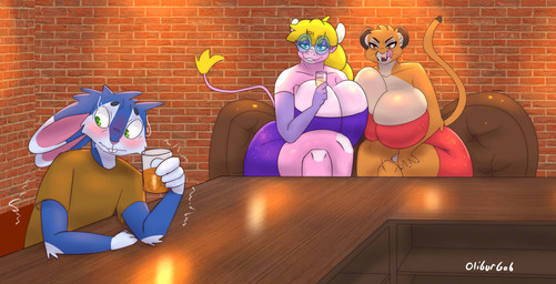 anthro bar beverage big_breasts blonde_hair blush bodily_fluids breast_squish breasts cleavage cleavage_overflow clothed clothing crossed_legs dress embarrassed eyewear female flirting glasses group hair huge_breasts larger_female leering male male/female nervous nervous_sweat shaking size_difference smaller_male squish sweat sweatdrop tongue tongue_out trembling trio oliburgob cobalt_(olibur) paprika_(olibur) bovid bovine cattle cougar felid feline lagomorph leporid mammal rabbit absurd_res hi_res