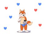 anthro blue_clothing blue_heart blue_underwear blue_undies blush bodily_fluids bulge clothing electronics embarrassed heart_symbol holding_object holding_phone male nervous nervous_sweat phone red_heart shadow solo sweat underwear keysquid fivethirtyeight fivey_fox canid canine fox mammal 4:3 hi_res