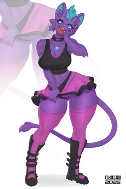 anthro big_breasts black_clothing black_topwear blue_eyes boots bottomwear breasts cleavage clothed clothed_anthro clothed_female clothing clothing_pull collar female female_anthro footwear fur genitals heart_collar inner_ear_fluff jewelry legwear navel pendant presenting presenting_vulva purple_body purple_clothing purple_fur purple_legwear purple_thigh_highs revealing_pussy shoes skirt solo thigh_highs tongue tongue_out topwear tuft underwear underwear_pull vulva nixmoonl domestic_cat felid feline felis mammal 2025 2:3 absurd_res hi_res