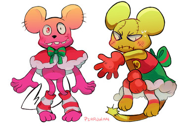 anthro blush christmas_clothing clothing duo embarrassed holidays male navel pink_body seam_(sewing) x_navel yellow_body pirruwan bandai_namco christmas digimon chuumon digimon_(species) tyutyumon 3:2 absurd_res hi_res