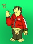 anthro bottomless brown_body brown_fur clothed clothing eyebrow_slit eyebrows fupa fur gesture jacket looking_at_viewer male overweight overweight_anthro overweight_male partially_clothed red_clothing smile solo topwear waving waving_at_viewer yellow_body yellow_skin onikuma_(artist) animal_crossing nintendo al_(animal_crossing) ape gorilla haplorhine mammal primate 3:4