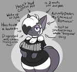 alternative_fashion anthro band_shirt big_breasts black_clothing black_shirt black_text black_topwear blue_eyes breasts cleavage clothed clothed_anthro clothed_female clothing ear_piercing eyelashes facial_piercing female female_anthro front_view fur glistening_eyelids grey_background grey_body grey_ears grey_fur grey_tail hair hair_over_eye lidded_eyes lip_piercing mole_on_breast mouth_closed multicolored_body multicolored_fur piercing profanity shirt shoulderless_shirt simple_background snakebite_piercing solo tail text topwear white_body white_fur 4foxsakes paramore trinity_(4foxsakes) domestic_cat felid feline felis mammal 2022 absurd_res digital_drawing_(artwork) digital_media_(artwork) english_text hi_res impact_(font) portrait three-quarter_portrait