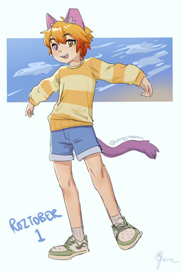 anthro arms_outstretched clothing cute_fangs fangs footwear fur hair heterochromia kemono male open_mouth orange_hair pattern_clothing pattern_sweater pattern_topwear purple_body purple_fur shoes sneakers solo striped_clothing striped_sweater striped_topwear stripes sweater teeth topwear young young_male strayrozerem roze_(strayrozerem) animal_humanoid cat_humanoid domestic_cat felid felid_humanoid feline feline_humanoid felis humanoid mammal mammal_humanoid 2025 full-length_portrait hi_res portrait
