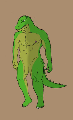 4_toes 5_fingers abs anthro bald bald_crotch balls belly biceps brown_background claws colored_nails countershade_arms countershade_face countershade_legs countershade_scales countershade_torso countershading crotch_lines feet fingernails fingers flaccid foreskin front_view genitals glistening glistening_eyes green_body green_face green_scales green_tail grey_claws grey_fingernails grey_nails grey_toenails humanoid_feet humanoid_genitalia humanoid_hands humanoid_penis long_tail looking_forward male monotone_balls monotone_belly monotone_genitals monotone_penis monotone_tail mouth_closed multicolored_body multicolored_face multicolored_scales muscular muscular_anthro muscular_arms muscular_legs muscular_male muscular_thighs nails navel nipples non-mammal_nipples nude pecs penis pink_nipples plantigrade pubic_mound pupils scales sharp_fingernails sharp_nails sharp_teeth sharp_toenails simple_background slit_pupils snout solo tail teeth thick_neck thick_tail toenails toes two_tone_body two_tone_face two_tone_scales unretracted_foreskin v-cut yellow_balls yellow_belly yellow_body yellow_countershading yellow_face yellow_penis yellow_scales pushtronmatrix crocodile crocodilian reptile scalie full-length_portrait hi_res portrait