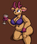 alcohol antlers beverage big_breasts bra breasts brown_body brown_fur clothing container cup drinking_glass female fur glass glass_container glass_cup hooves horn looking_away panties pink_spots pose purple_bra purple_clothing purple_eyes purple_underwear sitting slightly_chubby slightly_chubby_female spots thick_thighs underwear wine wine_glass isagoodfriend fermi_(isagoodfriend) deer mammal 5:6 pinup