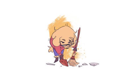 anthro biped broken_plate broom cleaning_tool clothing dustpan eyewear female fur glasses hair long_hair solo sweater topwear yellow_body yellow_fur itsdanfango julie_(itsdanfango) canid canine canis domestic_dog mammal 16:9 2021 widescreen