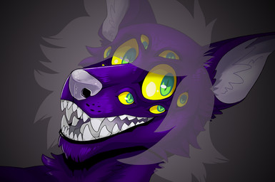 anthro cheek_tuft facial_tuft front_view fur glistening glistening_eyes green_eyes hair inner_ear_fluff looking_at_viewer male multi_eye neck_tuft open_mouth pupils purple_body purple_fur slit_pupils solo teeth tongue translucent translucent_hair tuft white_gums white_hair white_inner_ear_fluff white_nose white_tongue yellow_sclera swampjaws canid canine mammal
