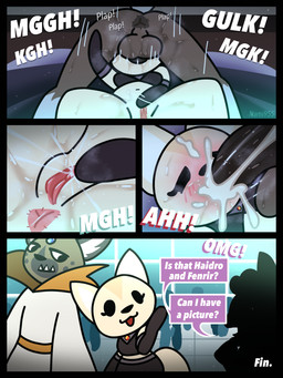 anthro anthro_on_anthro anthro_penetrated anthro_penetrating anthro_penetrating_anthro anus balls big_balls big_penis black_anus black_body black_clothing black_eyes black_fur black_gloves black_handwear black_nose black_penis black_shirt black_spots black_topwear blush bodily_fluids brown_balls brown_body brown_fur clothing cosplay cum cum_from_mouth cum_in_mouth cum_inside cum_on_face cum_on_penis cum_splatter dialogue dot_eyes duo_focus ejaculation erection face_fucking female female_orgasm female_penetrated fur genital_fluids genitals gesture gloves grey_body grey_fur group handwear irrumatio male male/female male_penetrating male_penetrating_female markings masturbation no_pupils onomatopoeia oral penetration penile penis penis_in_mouth pink_anus pink_vulva robe sex shirt simple_eyes smile sound_effects speech_bubble spots spotted_body spotted_fur tan_body tan_fur text throat_swabbing topwear vaginal vaginal_fluids vaginal_masturbation vaginal_squirting vulva waving white_inner_ear y_anus yellow_clothing yellow_robe nami955 aggretsuko sanrio fenneko haida_(aggretsuko) canid canine fennec_fox fox hyena mammal spotted_hyena true_fox 2026 3:4 comic english_text hi_res