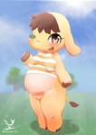 anthro belly big_belly biped blush blush_lines bodily_fluids bottomless breasts breath brown_eyes brown_hair clothed clothing dipstick_tail exposure_variation eyelashes female genital_fluids genitals gesture grass grass_field hair hooves innie_pussy kemono logo looking_at_viewer markings medium_breasts musk musk_clouds navel nipple_outline open_mouth open_smile orange_clothing orange_shirt orange_topwear outside overweight overweight_anthro overweight_female pattern_clothing pattern_shirt pattern_topwear plant pussy shirt smile solo standing striped_clothing striped_shirt striped_topwear stripes sweat tail tail_markings thick_thighs three-quarter_view topwear tree vaginal_fluids waving waving_at_viewer white_clothing white_shirt white_topwear yellow_body usssar12 animal_crossing nintendo eloise_(animal_crossing) elephant elephantid mammal proboscidean 2022 artist_logo artist_name full-length_portrait hi_res portrait