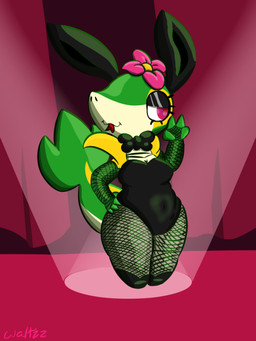 black_clothing bodysuit bow_ribbon bunny_costume clothed clothing costume curtains curtains_open detailed_background eyelashes female feral flower flower_on_head green_body lamp lantern legwear not_furry on_stage pink_flower plant red_eyes skinsuit solo stage stage_curtains stage_lights tight_clothing waltz_katt nintendo pokemon fan_character elemental_creature flora_fauna generation_5_pokemon humanoid pokemon_(species) reptile scalie snake snivy 2025 3:4 colored hi_res