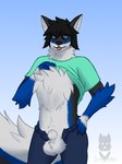 anthro blep clothed clothing clothing_lift eyewear fluffy fluffy_chest fluffy_tail glasses male partially_clothed solo tail tongue tongue_out sirdoomwolf canid canine canis mammal wolf hi_res