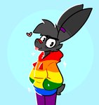 absurd_res anthro band-aid band-aid_on_face band-aid_on_nose bandage bandage_on_face bandage_on_nose black_body black_fur blep blue_background cheek_tuft clothing facial_tuft fur grey_body grey_fur heart_symbol hi_res hoodie lagomorph leporid lgbt_pride lgbt_pride_month looking_at_viewer male mammal multicolored_clothing multicolored_hoodie multicolored_sweater multicolored_topwear narrowed_eyes nick_(the_xing1) pattern_clothing pride_color_clothing pride_color_hoodie pride_color_outfit pride_color_sweater pride_color_topwear pride_colors rabbit rainbow_pride_colors simple_background six-stripe_rainbow_pride_colors solo sparkles striped_clothing stripes sweater tongue tongue_out topwear tuft xing1