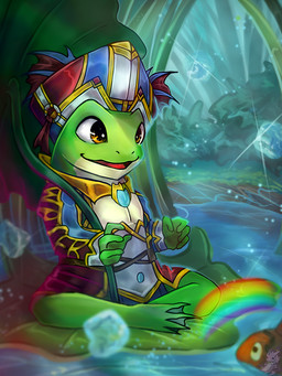 ambiguous_gender anthro green_body magic magic_user multicolored_body orange_eyes outside pond rainbow smile solo two_tone_body water white_body zeitzbach amphibian frog 3:4 hi_res