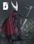 2_horns anthro biped black_body black_eyes cloak clothing crossgender featureless_chest featureless_crotch fingers fist ftm_crossgender holding_melee_weapon holding_object holding_weapon horn male melee_weapon nude red_cloak red_clothing shadow solo standing thread weapon white_head gnomeblin hollow_knight team_cherry hornet_(hollow_knight) arthropod 2025 hi_res