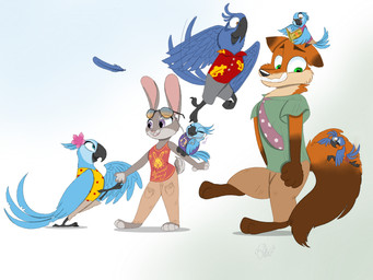 accessory anthro blue_body blue_feathers bottomwear clothing feathers feet female feral fur green_eyes grey_body grey_fur group male necktie orange_body orange_fur pants purple_eyes talons toes aditibujju 20th_century_fox blue_sky_studios disney rio_(series) zootopia blu_(rio) jewel_(rio) judy_hopps nick_wilde avian bird canid canine european_rabbit fox lagomorph leporid macaw mammal neotropical_parrot oryctolagus parrot rabbit red_fox true_fox true_parrot 4:3 absurd_res crossover hi_res daughter_(lore) father_(lore) mother_(lore) parent_(lore) son_(lore)
