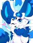 ambiguous_gender arm_tuft blep blue_body blue_ears blue_eyes blue_fur blue_inner_ear chest_tuft closed_smile fangs feral fur glistening glistening_eyes looking_at_viewer mouth_closed one_eye_closed shoulder_tuft smile solo teeth tongue tongue_out tuft white_body white_fur bloominglynx nintendo pokemon sylveon_finn eeveelution generation_6_pokemon pokemon_(species) sylveon hi_res signature