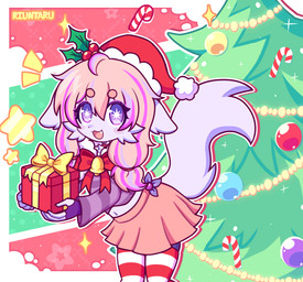 accessory anthro bell blinking blush blush_lines bottomwear bow_ribbon candy candy_cane cheek_tuft chest_tuft christmas_clothing christmas_decorations christmas_headwear christmas_lights christmas_ornament christmas_present christmas_tree clip_accessory clothing crop_top dessert detailed_background eyebrows eyelashes facial_tuft female fingerless_gloves floppy_ears food gift gloves hair hair_accessory hairclip handwear hat headgear headwear highlights_(coloring) holidays holly_(plant) jewelry legwear long_sleeves looking_at_viewer midriff navel necklace one_eye_closed one_fang orange_hair ornament pattern_clothing plant pleated_skirt pupils purple_body purple_eyes santa_hat shirt shorts skirt slim solo spandex spandex_shorts sparkles sparkling_eyes star stockings striped_clothing stripes tail tight_bottomwear tight_clothing tight_shorts tongue tongue_out topwear tree tuft twintails_(hairstyle) unusual_eyes white_pupils wink winking_at_viewer riuntaru christmas korinna_(dangerdash05) canid canine fox mammal 2d_animation animated hi_res watermark