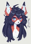 anthro black_hair blue_eyes dipstick_ears ear_markings female hair multicolored_body multicolored_ears red_body simple_background smile solo tongue tongue_out white_body savielle ara_(fluff-kevlar) domestic_cat felid feline felis mammal 2024 bust_portrait digital_media_(artwork) hi_res portrait