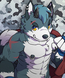anthro big_muscles biped blue_body blue_fur fur male muscular muscular_anthro muscular_male nipple_piercing nipple_ring nipples piercing ring_piercing solo white_body white_fur oouyuki_benten canid canine fox mammal 2018 5:6