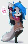 5_fingers alternative_fashion anthro blue_eyes blue_hair chibi clothed clothing electronics eyelashes female fingers fur grey_body grey_fur hair headphones musical_note musical_symbol scene_haircut simple_background smile solo standing symbol whiskers white_background aimi sheazu canid canine domestic_cat felid feline felis fox hybrid mammal digital_media_(artwork) hi_res shaded