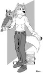 anthro beak belt book book_stack bottomwear clothed clothing ears_up feathers female feral fist footwear fur hair holding_object holding_scroll inner_ear_fluff looking_away mouth_closed pants raised_tail scroll shirt shoes solo standing tail topwear tuft marcushunter fan_character avian bird canid canine canis mammal owl wolf 2022 monochrome signature