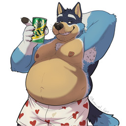alcohol anthro areola armpit_hair beer belly belly_overhang beverage beverage_can big_belly body_hair can chest_hair claws clothed clothing container eyebrows fur hand_behind_head heart_clothing heart_symbol heart_underwear holding_beverage holding_can holding_container holding_object looking_at_viewer love_handles male mature_anthro mature_male moobs narrowed_eyes navel nipples overweight overweight_anthro overweight_male pattern_clothing pattern_underwear simple_background smile smirk solo standing teeth topless topless_anthro topless_male tuft underwear underwear_only whiskers white_background ramaelligre bluey_(series) bandit_heeler australian_cattle_dog canid canine canis cattledog domestic_dog herding_dog mammal pastoral_dog 1:1 2025 hi_res signature