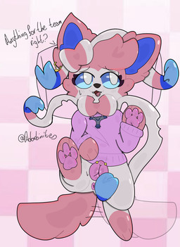 animal_genitalia animal_vulva anus bite bite_mark blue_eyes bodily_fluids bow_ribbon butt canine_genitalia canine_vulva clothing ear_piercing ears_up embarrassed feet female feral foot_focus fur genital_piercing genitals jewelry looking_away multicolored_body multicolored_fur necklace pawpads paws piercing pillow pink_body pink_fur presenting presenting_anus presenting_vulva ribbons ribbons_(anatomy) solo sweat sweatdrop sweater sweaty_legs sweaty_thighs tail tail_motion tailwag text topwear two_tone_body two_tone_fur vulva vulva_piercing white_body white_fur adorbinite nintendo pokemon emma_(budzisfun) eeveelution generation_6_pokemon pokemon_(species) sylveon 2026 absurd_res artist_name hi_res signature
