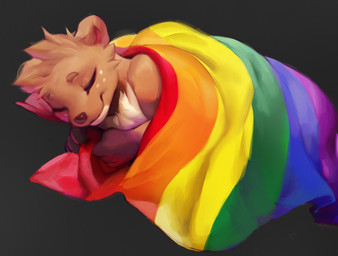 ambiguous_feral ambiguous_gender bedding blanket brown_body brown_fur feral freckles fur lgbt_pride pride_colors sleeping smile solo conditional_dnp dr.bubblebum teggy_(dr.bubblebum) mammal mustelid otter male_(lore)