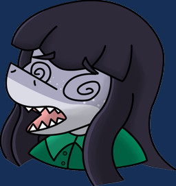 anthro bangs black_hair clothing dizzy female freckled_face freckles green_clothing grey_body hair long_hair open_mouth shark_teeth sharp_teeth simple_background solo sticker teeth transparent_background garavakarian daniela_sanchez fan_character aquatic fish shark alpha_channel trans_(lore) trans_woman_(lore)