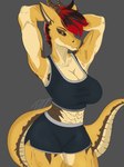 amber_eyes anthro big_breasts black_sclera breasts female hair horn looking_at_viewer military muscular pose scales simple_background soldier solo tail warrior shadowboiii a_man_in_a_beasts_world mythology amber_hellfire_(ghilliecamo) dragon mythological_creature mythological_scalie scalie absurd_res hi_res