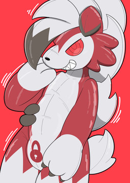 chastity_bulge chastity_device emanta glistening glistening_body inflatable kemono lock_bulge lock_symbol male null null_bulge raised_hands red_body red_eyes sharp_teeth teeth three-quarter_view wearing_chastity_device white_body mujimuji1010 nintendo pokemon animate_inanimate canid canine generation_7_pokemon living_inflatable lycanroc mammal midnight_lycanroc pokemon_(species) 2025 absurd_res hi_res portrait three-quarter_portrait