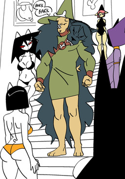 5_fingers accessory animal_skin anthro bandage bandaged_eye barefoot barking big_breasts bikini bikini_bottom bikini_top black_bikini black_bikini_bottom black_bikini_top black_clothing black_hair black_hat black_headwear black_swimwear bone breasts clothed clothed_anthro clothed_female clothing collarbone cross eyelashes feet female female_anthro fingers fist fur green_clothing green_hat green_headwear group hair hair_accessory hairclip hat headgear headwear hood inverted_cross inverted_cross_hair_clip looking_at_another male male_anthro mouth_closed muscular muscular_anthro muscular_male narrowed_eyes navel one_eye_obstructed orange_bikini orange_bikini_bottom orange_bikini_top orange_clothing orange_swimwear pink_hair purple_body purple_hood red_sclera short_hair short_tail shoulder_blades skimpy speech_bubble stairs standing standing_on_stairs swimwear tail tongue tongue_out two-piece_swimsuit white_ears white_tail wizard_hat yellow_body yellow_ears yellow_fur xarop77 catwitch_(xarop77) dogwizard_(xarop77) canid canine canis domestic_dog mammal 2026 digital_drawing_(artwork) digital_media_(artwork) hi_res