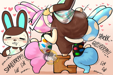 anal anthro big_butt blonde_hair blue_body blush bottomless brown_body butt clothed clothing dress eyes_closed female female/female group hair huge_butt onomatopoeia oral oral_sandwich pink_body rimming sex sound_effects text thick_thighs trio wide_hips riaplusone animal_crossing nintendo carmen_(animal_crossing) chrissy_(animal_crossing) francine_(animal_crossing) lagomorph leporid mammal rabbit english_text hi_res sibling_(lore) sister_(lore) sisters_(lore)