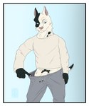 anthro bottomwear claws clothed clothing clothing_pull fur genitals humanoid_genitalia male motion_lines pants penis pubes seductive simple_background snout solo standing sweatpants teasing white_body white_fur garo_(artist) taika_no_risei taika_(taika_no_risei) canid canine mammal 2025 absurd_res colored digital_media_(artwork) hi_res