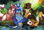 anthro blue_body blue_eyes blue_fur breasts brown_body brown_eyes brown_fur cleavage clothed clothing dress female fur green_eyes group horn lily_pad ossicone plant purple_eyes tail water white_body white_fur dragonfu mythology chizu_(rinnyrawr) prisma_(hikarikurisu) canid canine dragon fox mammal mythological_creature mythological_scalie scalie 2023