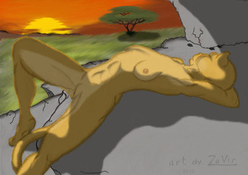 anthro biped breasts cave detailed_background female fur genitals hand_behind_head lying nature nipples nude on_back outside plant pose savanna side_view sky small_breasts solo spread_legs spreading sunset tail tree vulva yellow_body yellow_fur zat_virgil zavir felid lion mammal pantherine 2012