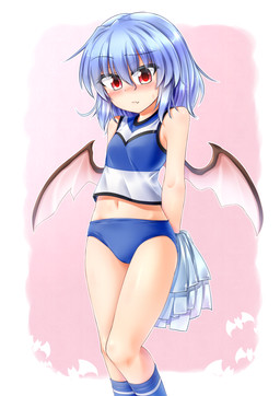 blue_hair blush bodily_fluids breasts cheerleader clothed clothing fangs female footwear hair legwear membrane_(anatomy) membranous_wings midriff navel not_furry panties pom_poms red_eyes shirt short_hair slim small_breasts socks solo sweat sweatdrop tank_top teeth text topwear underwear white_body white_skin wings m9kndi touhou remilia_scarlet humanoid vampire hi_res japanese_text translation_request