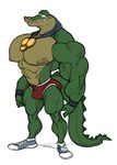 anthro big_pecs clothing footwear green_body hero male muscular muscular_anthro muscular_male nipples non-mammal_nipples pecs shoes solo underwear analon_(artist) animalympics bolt_jenkins alligator alligatorid crocodilian reptile scalie