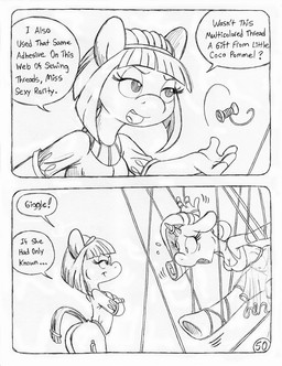 accessory anthro bdsm big_butt bondage bound butt clothed clothed_anthro clothed_female clothing dialogue dominant dominant_female dress duo eyelashes female fully_clothed fully_clothed_anthro fully_clothed_female giggling hair_accessory hairband horn horn_jewelry horn_ring inhibitor_ring jewelry magic_inhibitor magic_suppression panties partially_clothed_anthro partially_clothed_female ring_(jewelry) sewing sinister speech_bubble stuck text thread translucent translucent_clothing translucent_dress underwear unicorn_horn wrapped_up circe_(artist) friendship_is_magic hasbro my_little_pony mythology blue_nile_(mlp) rarity_(mlp) earth_pony equid equine horse mammal mythological_creature mythological_equine pony unicorn black_and_white comic english_text monochrome traditional_media_(artwork)