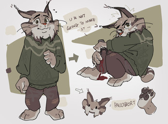 3_toes 4_toes anthro barefoot black_pawpads blood bodily_fluids bottomwear claws clothing dialogue feet front_view male mouth_closed nervous pants pawpads paws plantigrade side_view simple_background sitting soles solo standing sweat sweater text toe_claws toes topwear wuxbbq disney zootopia pawbert_lynxley canada_lynx felid feline lynx mammal english_text hi_res model_sheet