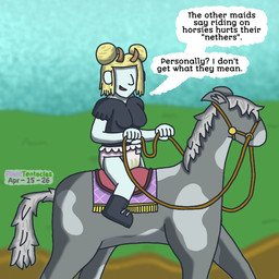 blonde_hair bodily_fluids clothed clothing dialogue diaper female genital_fluids hair horn maid_uniform reins riding_horse saddle snow solo speech_bubble text unclean_diaper uniform urine used_diaper wearing_diaper wet_diaper planttentacles american_mythology indigenous_north_american_mythology mythology north_american_mythology elemental_creature equid equine horse mammal mineral_fauna snow_creature wendigo 1:1 english_text
