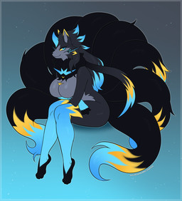 4_toes 5_fingers 8_tails anthro big_breasts black_markings black_nose blue_eyes blue_markings breasts cheek_tuft crossed_arms eyelashes facial_tuft featureless_breasts feet female fingers fur grey_body grey_fur hair horn long_hair markings multi_tail multicolored_body multicolored_fur multicolored_hair nude paws pose ruff sitting smile snout solo tail toes tuft two_tone_hair whiskers yellow_markings yellow_sclera kitsunewaffles-chan hybrid_pokemon colored digital_drawing_(artwork) digital_media_(artwork) flat_colors hi_res pinup