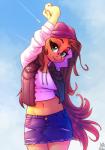 2018 anthro atryl beanie blue_background bottomwear breasts brown_hair clothed clothing collaboration denim digital_media_(artwork) earth_pony equid equine eyebrows eyelashes fan_character female fully_clothed green_eyes hair hasbro hat headgear headwear hi_res horse long_hair looking_at_viewer mammal midriff my_little_pony navel outside pony portrait pose pumpkin_lily shaded shirt signature simple_background skirt sky smile solo standing three-quarter_portrait topwear vest wick_(artist)