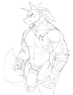 abs anthro armor cheek_tuft facial_tuft foreskin genitals half-erect humanoid_genitalia humanoid_penis looking_at_viewer male male_anthro mouth_closed muscular muscular_anthro muscular_male pecs penis simple_background solo standing tuft darkgem canid canine mammal absurd_res hi_res monochrome sketch