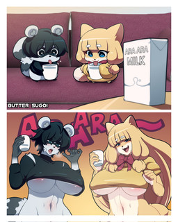 anthro belly big_breasts blue_eyes body_size_growth bottomless breast_growth breasts chibi clothed clothing drinking duo female growth mature_female milk navel size_transformation smile transformation under_boob butter_sugoi butter_sugoi_(character) cheemy canid canine fox mammal procyonid raccoon 2022 hi_res