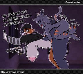 anthro balls big_breasts big_butt breasts butt clothed clothing duo female from_behind_position genitals gynomorph gynomorph/female intersex intersex/female larger_sub partially_clothed sex size_difference submissive text toony krispynastybun epic_games fortnite meow_skulls domestic_cat felid feline felis mammal absurd_res english_text hi_res