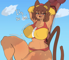 anthro big_breasts bikini biped blush breasts brown_hair brown_tail clothed clothed_anthro clothed_female clothing cute_fangs detailed_background dialogue eyebrows fangs female hair looking_at_viewer nipple_outline red_eyes solo swimwear tail teeth text thick_thighs two-piece_swimsuit whiskers wide_hips hikariuart gameoverse glitch_productions kit_bodega domestic_cat felid feline felis mammal absurd_res hi_res