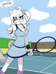 accessory ahoge anthro athletic_wear bangs blowing_kiss blue_clothing blue_eyes bottomwear clothing cloud facial_hair female flirting flirting_with_viewer fluffy fluffy_chest fluffy_shoulders footwear fur grey_tail hair hair_accessory hair_tie hedge net plant shrub sideburns skirt socks sport sportswear sweatband tail tennis tennis_court tennis_net tennis_outfit tennis_racket white_body white_fur wristband cynical_funk elizabeth_(cynical_funk) canid canine canis domestic_dog mammal 3:4 hi_res