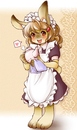anthro brown_body brown_fur brown_hair clothing female fur hair kemono looking_at_viewer maid_uniform open_mouth open_smile smile solo uniform setouchi_kurage neko_kissa lagomorph leporid mammal rabbit